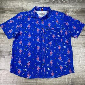 Canada Weathergear Shirt Mens Medium Blue Seahorse Print‎ Short Sleeve Button